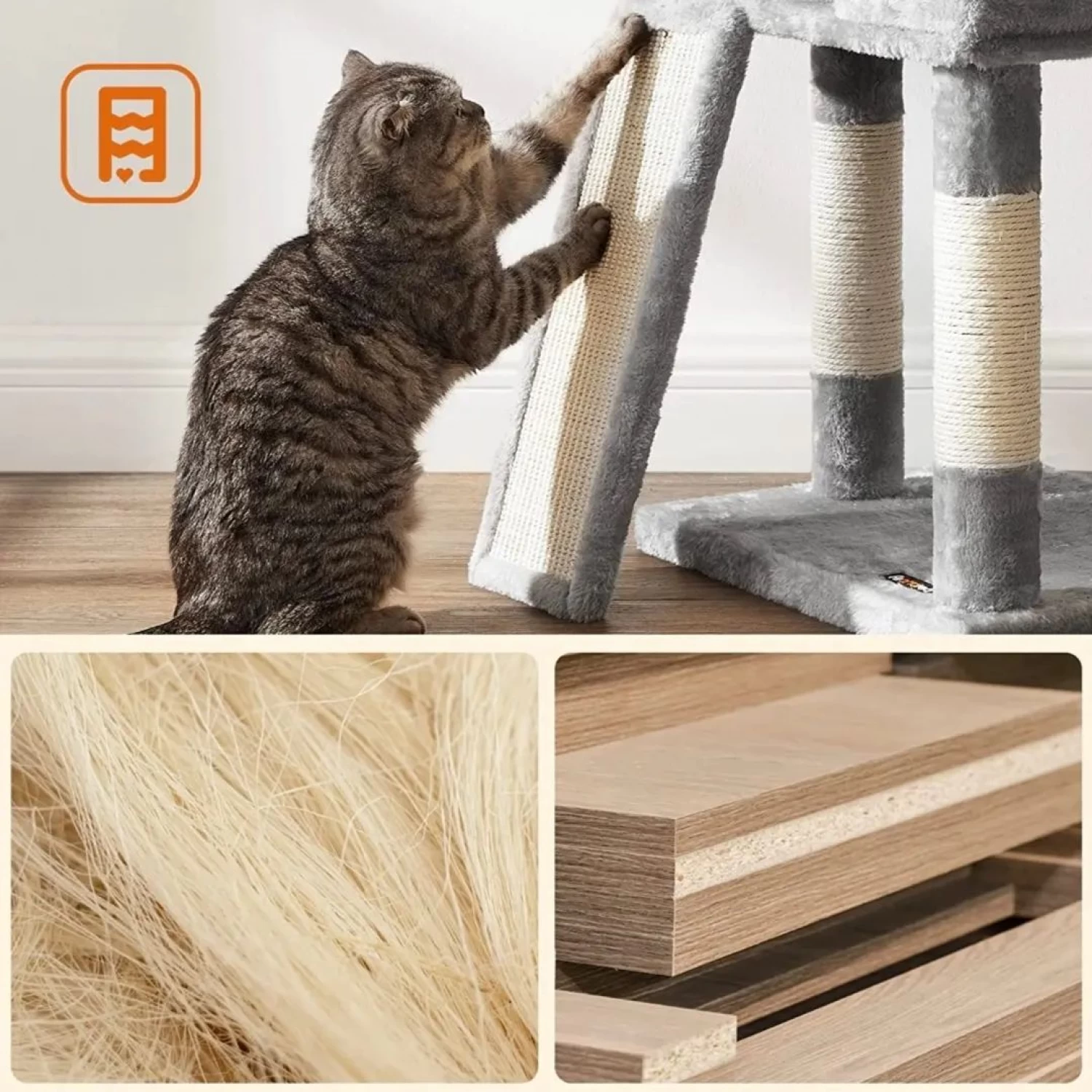 Ansamblu de joacă pentru pisici tip copac, 2 culcușuri și ascunzătoare, 115 cm, gri deschis, cu sisal și kit anti-răsturnare [7]