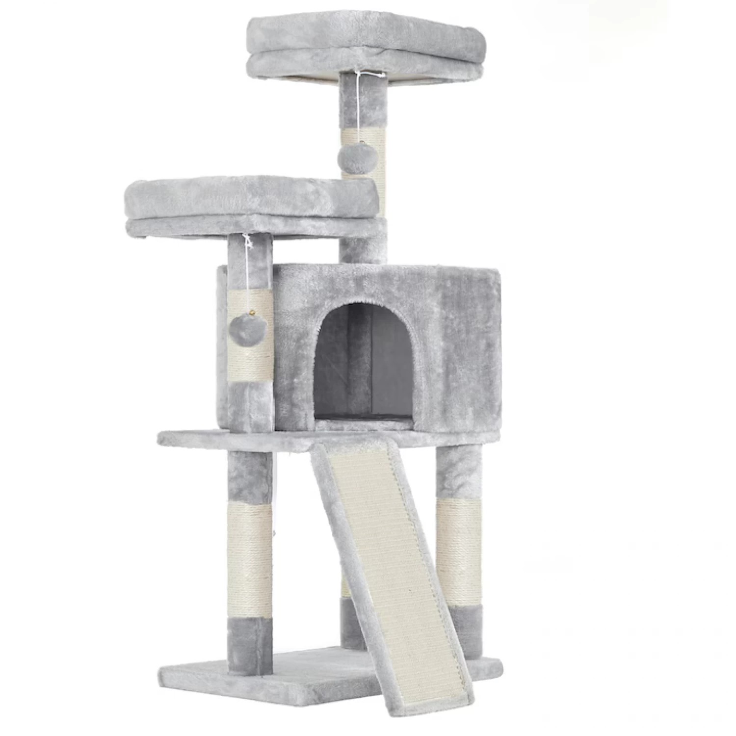 Pentru animale de companie - Ansamblu de joacă pentru pisici tip copac, 2 culcușuri și ascunzătoare, 115 cm, gri deschis, cu sisal și kit anti-răsturnare