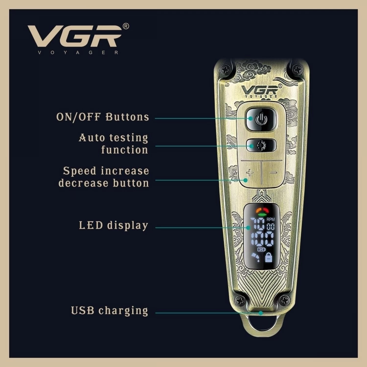 Aparat de tuns profesional, V-901, stil vintage, auriu, alimentare USB, 5W [3]