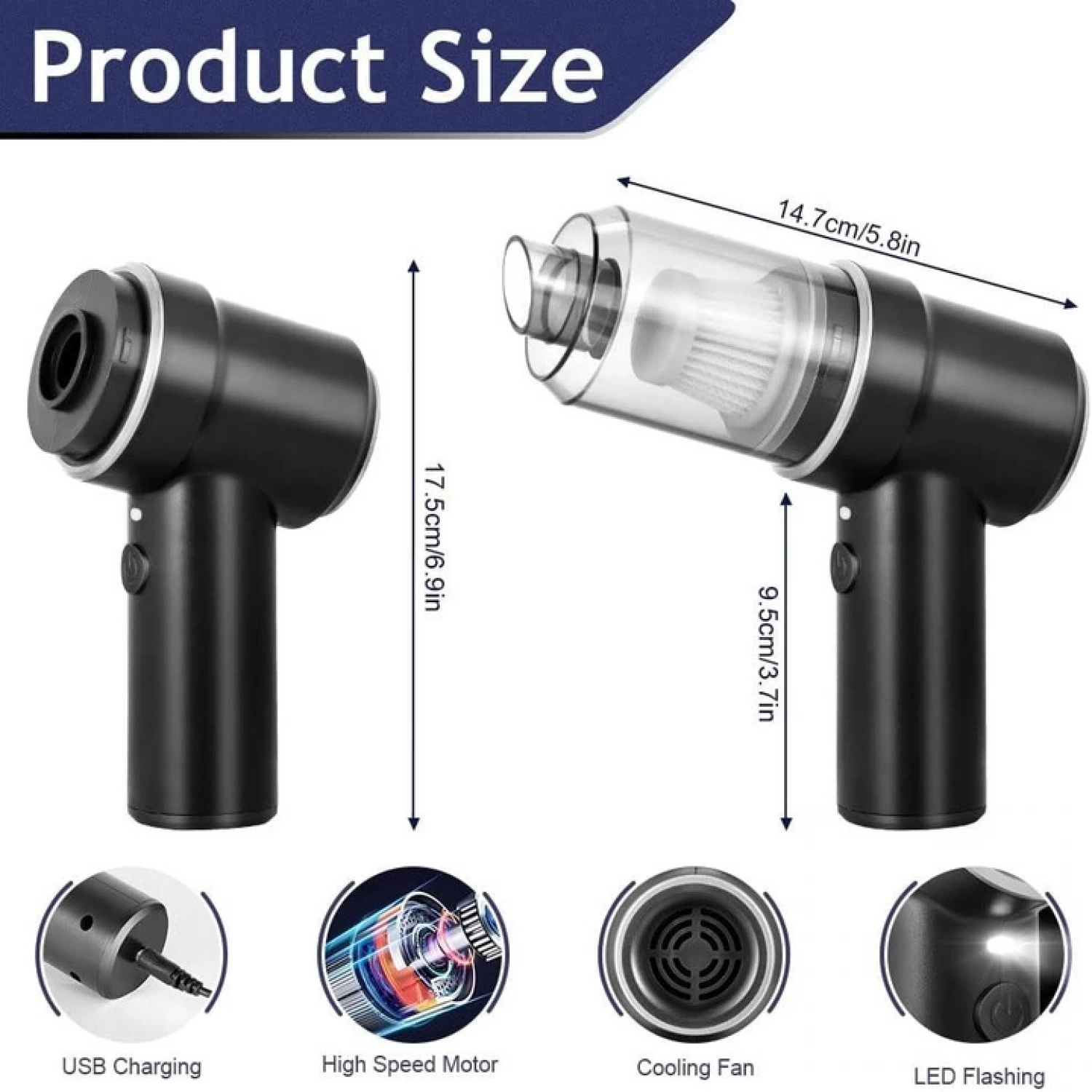 Aspirator auto portabil multifuncțional, fără fir, 9000Pa, 3 în 1, negru, USB reîncărcabil, cu duze și filtru HEPA [9]