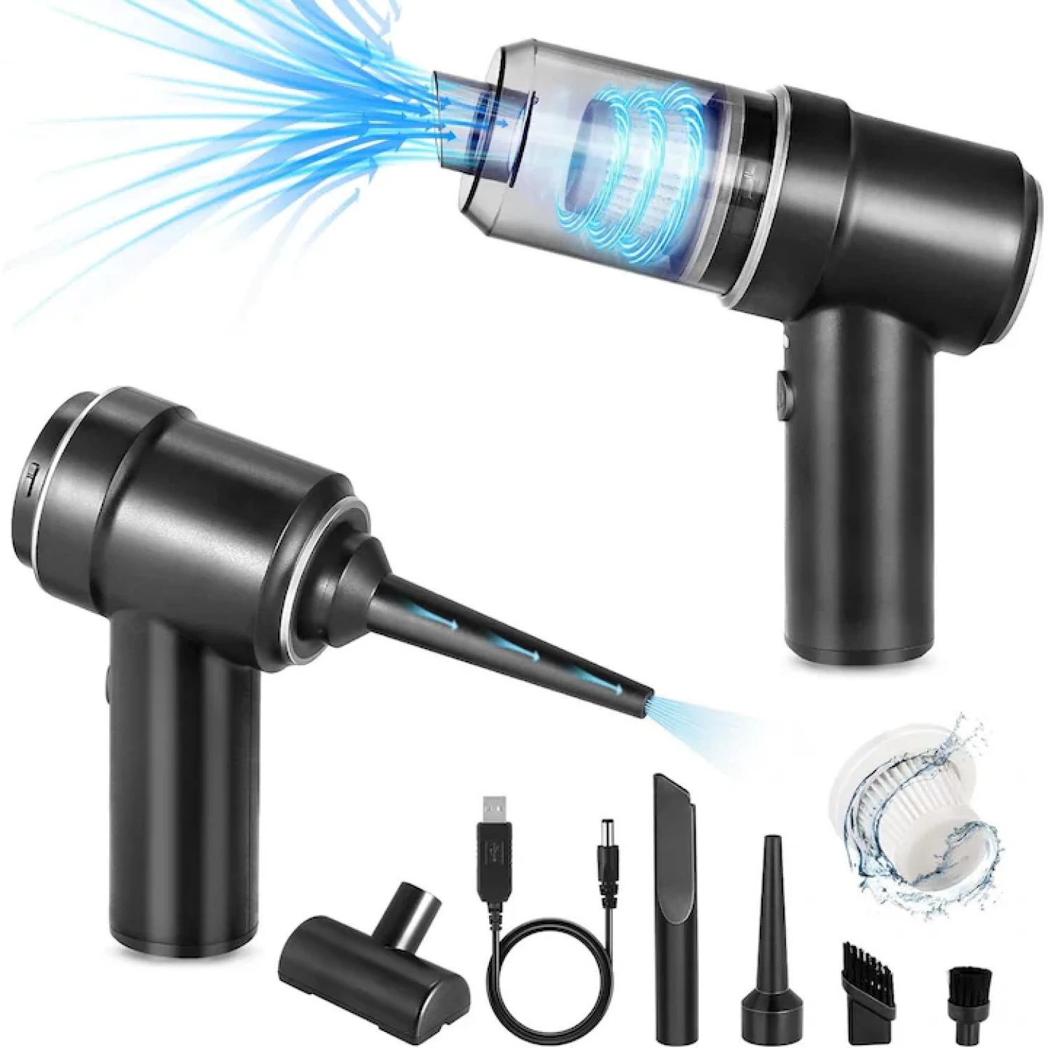 Aspirator auto portabil multifuncțional, fără fir, 9000Pa, 3 în 1, negru, USB reîncărcabil, cu duze și filtru HEPA [7]