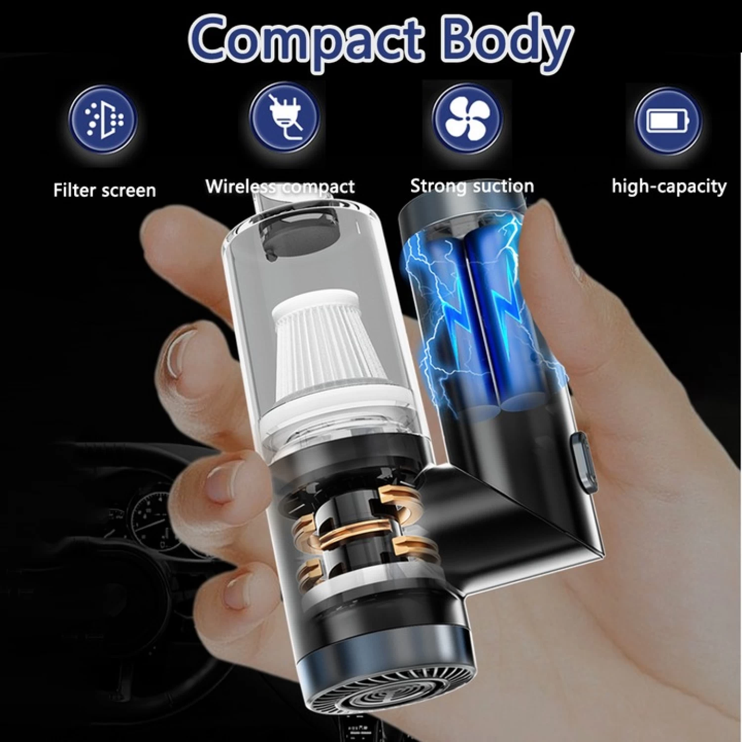 Aspirator auto portabil multifuncțional, fără fir, 9000Pa, 3 în 1, negru, USB reîncărcabil, cu duze și filtru HEPA [2]
