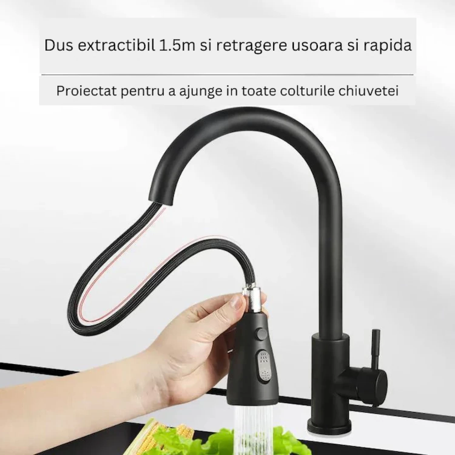 Baterie Bucătărie cu Pipă Înaltă și Duș Extractibil - 2 Funcții de Curgere, Rotire 360°, Cartuș Ceramic, Instalare Rapidă [6]
