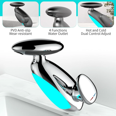 Baterie Chiuvetă Baie cu LED Inteligent, 4 Moduri de Jet, Cap Retractabil Extensibil 58 cm, Iluminare Automată în 6 Culori fără Baterii, Design Modern și Funcțional, Culoare Argintiu [2]