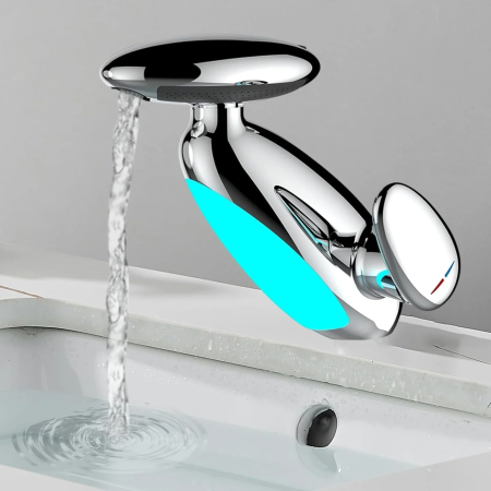 Casa si Bucatarie - Baterie Chiuvetă Baie cu LED Inteligent, 4 Moduri de Jet, Cap Retractabil Extensibil 58 cm, Iluminare Automată în 6 Culori fără Baterii, Design Modern și Funcțional, Culoare Argintiu