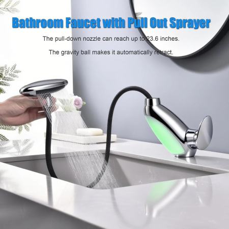 Baterie Chiuvetă Baie cu LED Inteligent, 4 Moduri de Jet, Cap Retractabil Extensibil 58 cm, Iluminare Automată în 6 Culori fără Baterii, Design Modern și Funcțional, Culoare Argintiu [3]