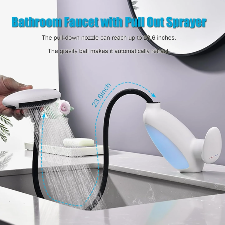 Baterie Chiuvetă Baie cu LED Inteligent, 4 Moduri de Jet, Cap Retractabil Extensibil 58 cm, Iluminare Automată în 6 Culori fără Baterii, Design Modern și Funcțional, Culoare Alb [2]