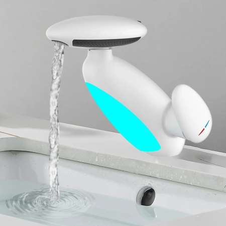 Casa si Bucatarie - Baterie Chiuvetă Baie cu LED Inteligent, 4 Moduri de Jet, Cap Retractabil Extensibil 58 cm, Iluminare Automată în 6 Culori fără Baterii, Design Modern și Funcțional, Culoare Alb