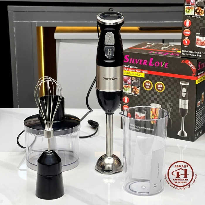 Casa si Bucatarie - Blender 4-in-1 Silver Love 500W - Mixer Vertical cu Tocător, Cana 600ml, Accesorii Incluse, Lame Inox, Design Compact