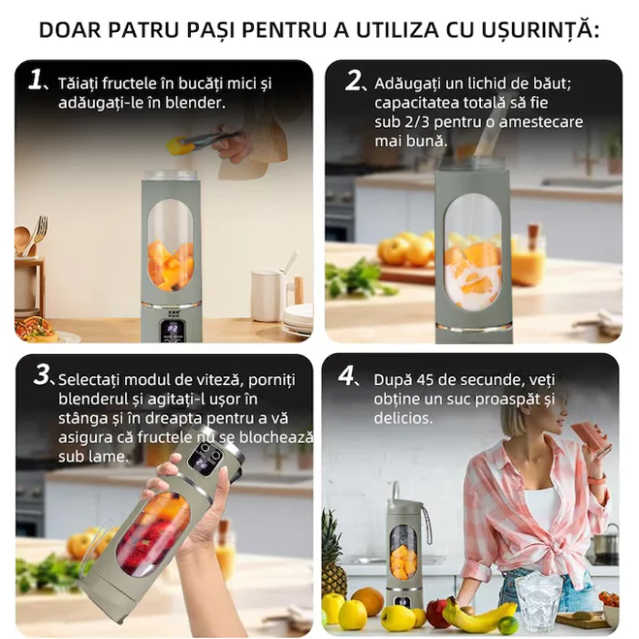 Blender electric portabil HS-860 1500 ml, 12 lame inox, acumulator reîncărcabil, ideal pentru smoothie-uri și sucuri, design compact [2]