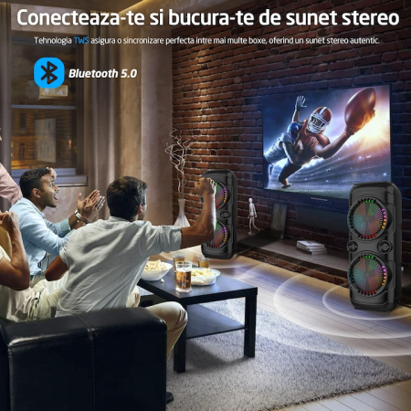 Boxă Portabilă 250 W PMPO Bluetooth cu Microfon wifi, 2 x 8 inch, Funcție Karaoke, Lumini LED, Radio FM, Rezistentă la Apă și Praf - Ideală pentru Petreceri și Distracție în Aer Liber [8]