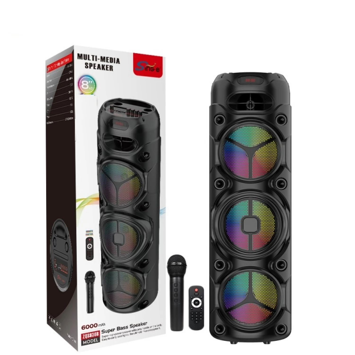Boxe Audio - Boxă portabilă ZQS8308, 450W PMPO, 3 difuzoare 8 , Bluetooth, FM, AUX, USB, RGB, microfon wireless, telecomandă, acumulator 6000 mAh