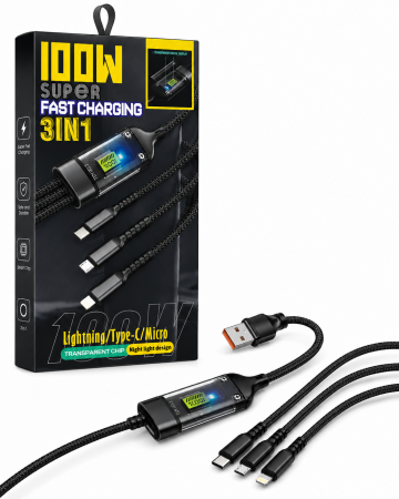 Cablu 3 în 1 pentru Încărcare Rapidă, 100W, USB cu Conectori USB-C, Lightning și Micro-USB, Fast Charging, Iluminare LED, Rezistent la Tracțiune, Compatibil cu o Gamă Variată de Dispozitive [1]