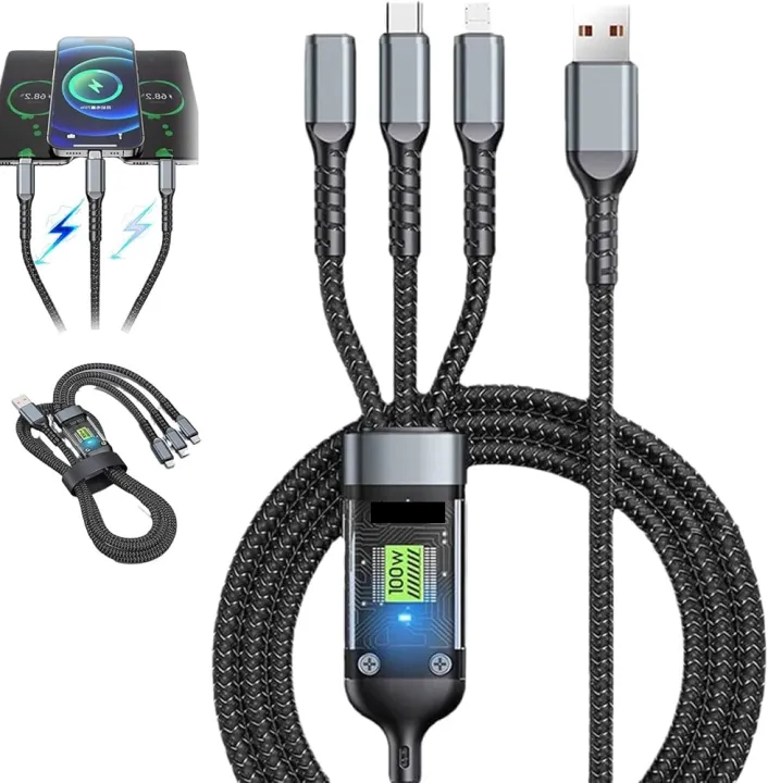 Accesorii Telefoane - Cablu 3 în 1 pentru Încărcare Rapidă, 100W, USB cu Conectori USB-C, Lightning și Micro-USB, Fast Charging, Iluminare LED, Rezistent la Tracțiune, Compatibil cu o Gamă Variată de Dispozitive
