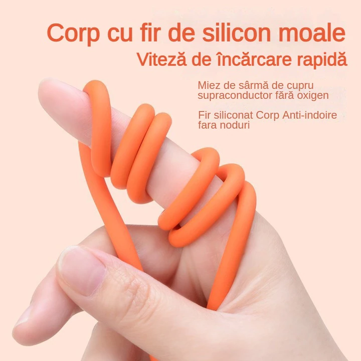 Cablu USB 3 în 1 pentru Încărcare Rapidă, 120W, 6A, Conectori USB-C, Lightning și Micro USB, Transfer de Date, Lungime 1,2 m, Silicon Flexibil, Capete din Aluminiu, Compatibil Universal, Portocaliu [5]