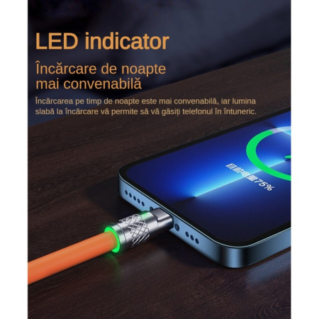 Cablu USB 3 în 1 pentru Încărcare Rapidă, 120W, 6A, Conectori USB-C, Lightning și Micro USB, Transfer de Date, Lungime 1,2 m, Silicon Flexibil, Capete din Aluminiu, Compatibil Universal, Portocaliu [2]