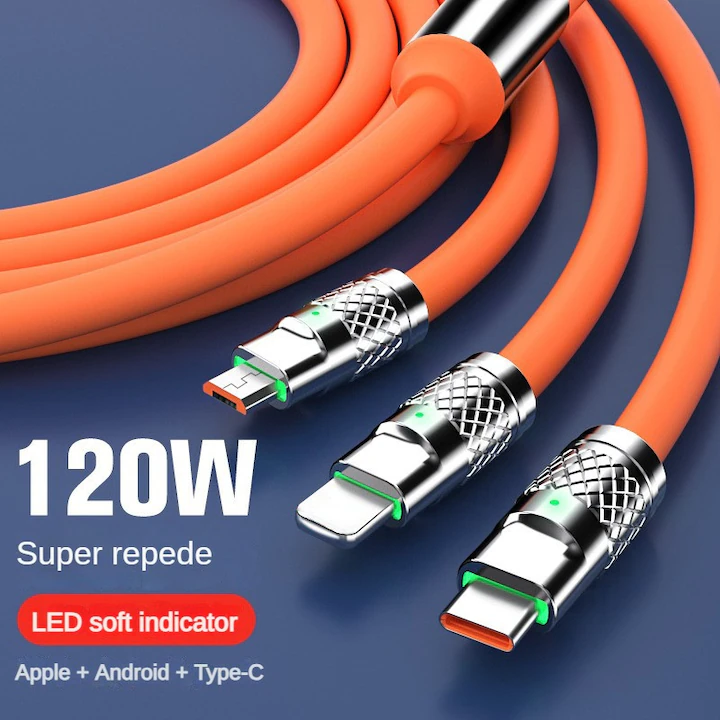 Cablu USB 3 în 1 pentru Încărcare Rapidă, 120W, 6A, Conectori USB-C, Lightning și Micro USB, Transfer de Date, Lungime 1,2 m, Silicon Flexibil, Capete din Aluminiu, Compatibil Universal, Portocaliu [3]