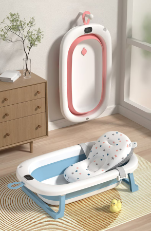 Produse si jucarii pentru copii - Cădiță Pliabilă pentru Bebe 0-36 Luni, Termometru Digital Integrat, Dop de Scurgere, Picioare Anti-Alunecare, Design Ergonomic Stabil și Portabil, Ideală pentru Călătorii și Spații Mici