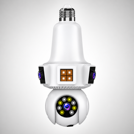 Camere de supraveghere - Cameră Supraveghere Tip Bec WiFi 1080p, 3 Lentile, 360°, Zoom 10X, Night Vision, Audio Bidirecțional, Montaj E27