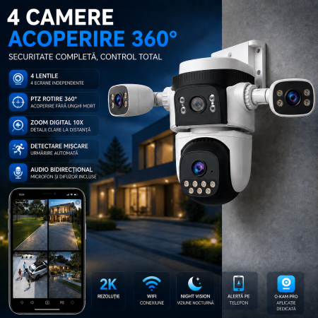 Cameră Supraveghere WiFi 4 Lentile cu Brațe Reglabile, 360°, Vezi Totul din Telefon, Spotlight, Audio Bidirecțional [1]