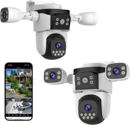 Camere de supraveghere - Cameră Supraveghere WiFi 4 Lentile cu Brațe Reglabile, 360°, Vezi Totul din Telefon, Spotlight, Audio Bidirecțional