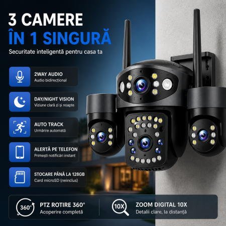 Camera supraveghere WiFi full hd, exterior, 3 lentile, PTZ 360°, zoom 10X, urmarire automata AI, vedere nocturna color, audio bidirectional [1]