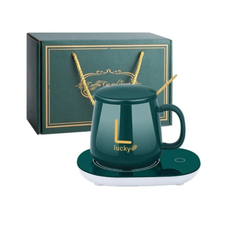 Casa si Bucatarie - Cană Ceramică Inteligentă cu Încălzire Automată - 350 ml, Menținere la 55°C, Suport USB, Capac și Linguriță, Verde Regal