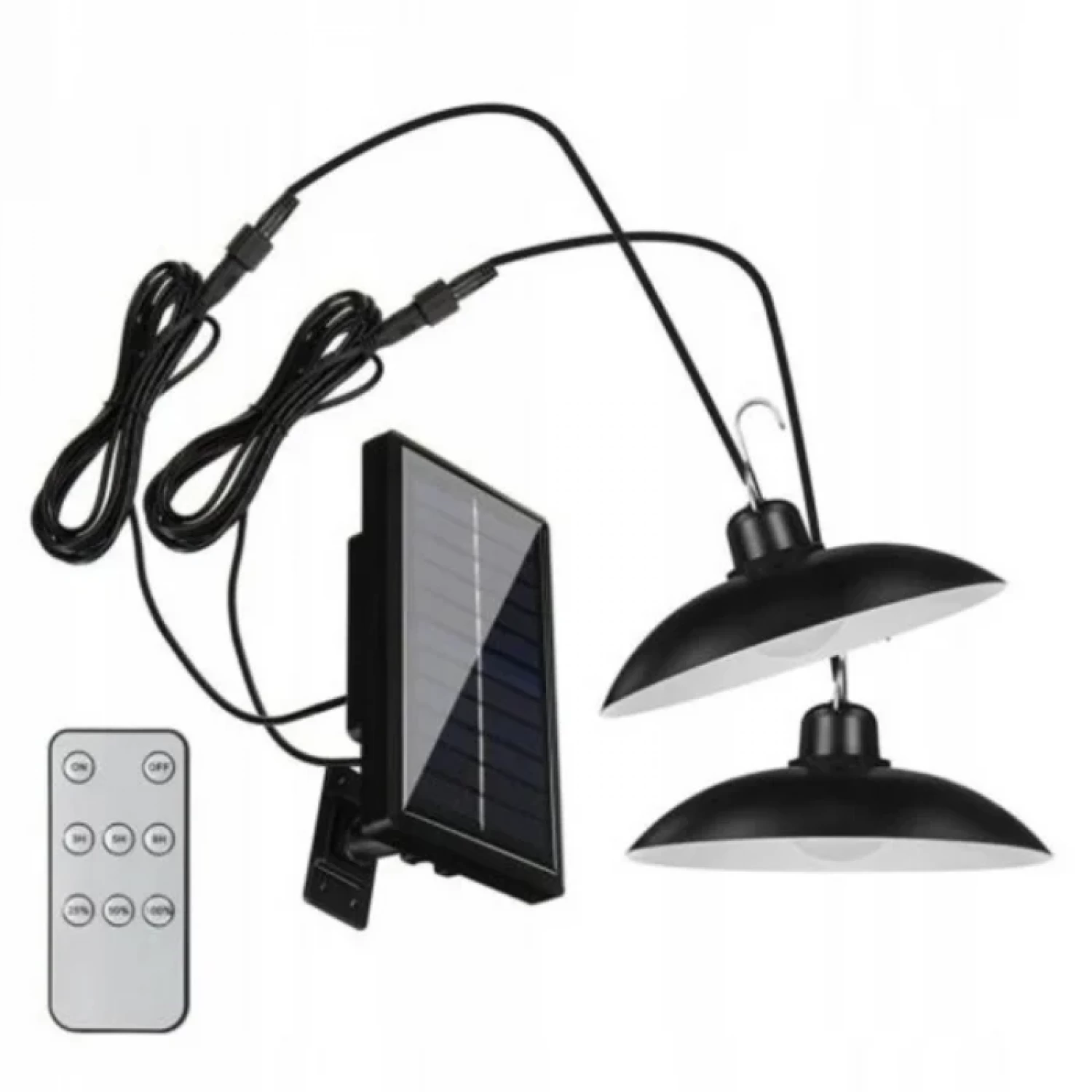 Candelabru LED Suspendat cu Energie Solară, 2 Corpuri Lampi, Telecomandă IR, Panou Solar Rezistent la Apă, Cablu 3m, Lumină Albă Rece, Putere 3.5W, Funcție de Oprire Automată, Timp de Funcționare 10-1 [2]