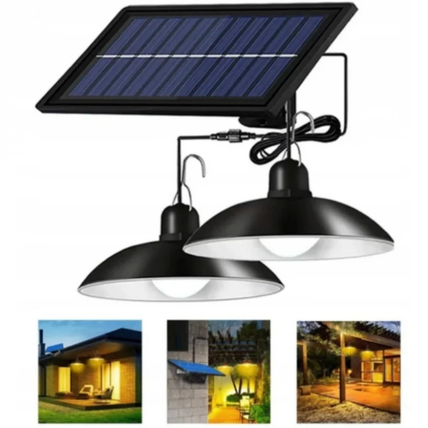Lampi solare si lanterne led - Candelabru LED Suspendat cu Energie Solară, 2 Corpuri Lampi, Telecomandă IR, Panou Solar Rezistent la Apă, Cablu 3m, Lumină Albă Rece, Putere 3.5W, Funcție de Oprire Automată, Timp de Funcționare 10-1