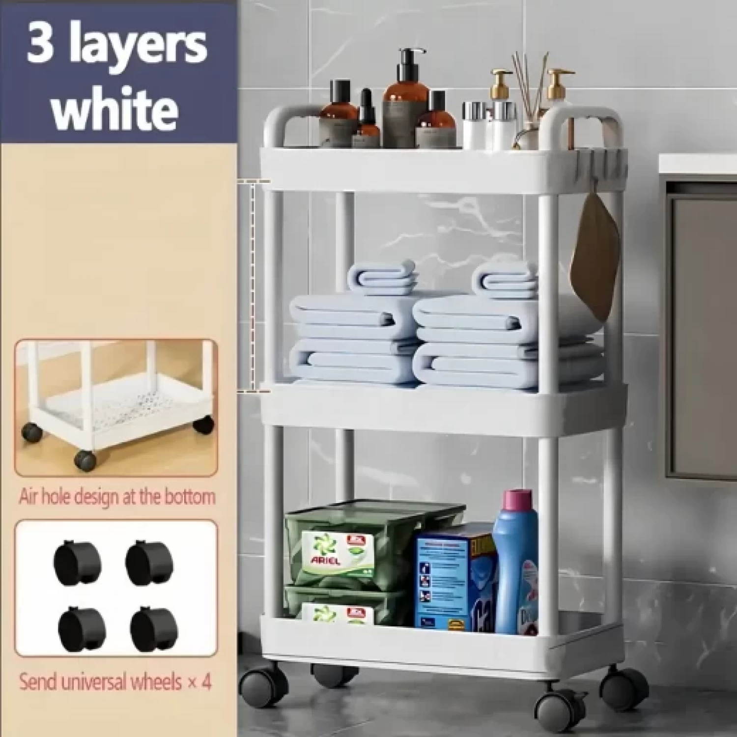 Cărucior de Depozitare cu 3 Niveluri, din Plastic, 70 × 40 cm, cu Roți, Organizator Multifuncțional pentru Bucătărie, Baie, Birou sau Spălătorie [1]