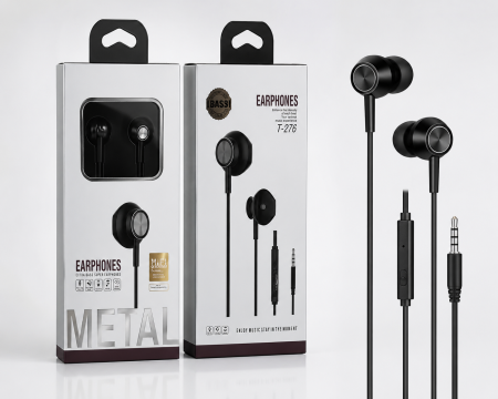 Accesorii Telefoane - Căști Stereo cu Fir T-276, Conector Jack 3,5 mm, Carcasă Metalică, Sunet Hi-Fi cu Bass Intens, Microfon Încorporat, Control pentru Muzică și Apeluri, Compatibile cu Telefon, Tabletă, Laptop și PC, Neg