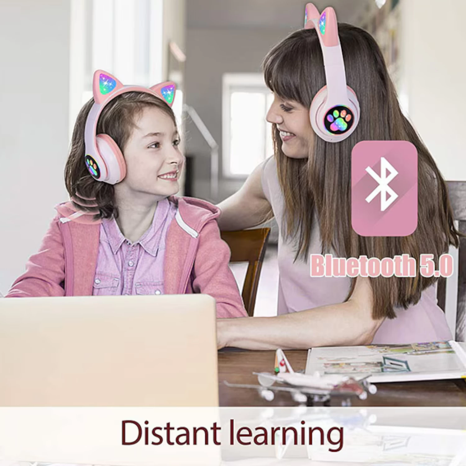 Căști wireless Smart Technology, Bluetooth 5.0, LED Cat Ears, microfon, slot SD/FM, autonomie 10h, pliabile [2]