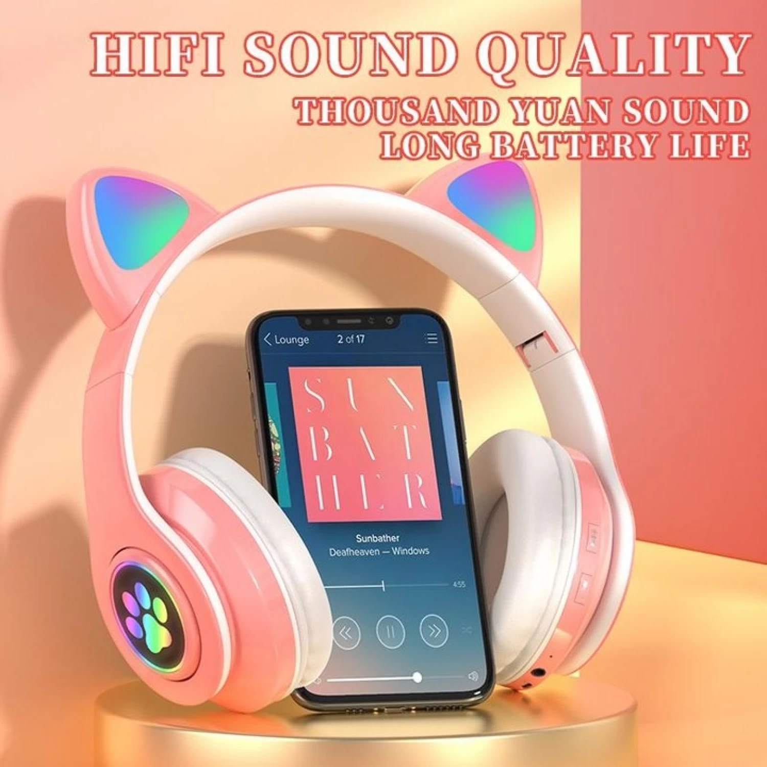 Căști wireless Smart Technology, Bluetooth 5.0, LED Cat Ears, microfon, slot SD/FM, autonomie 10h, pliabile [8]