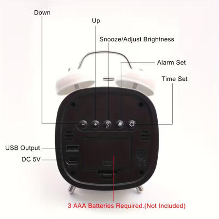 Ceas Deșteptător Digital cu Două Clopote, Afișaj LED, Alarmă Puternică, Afișare Oră, Dată și Temperatură, Funcționare Silențioasă Fără Ticăit, Carcasă ABS cu Elemente Metalice, Dimensiune 4 Inch [3]