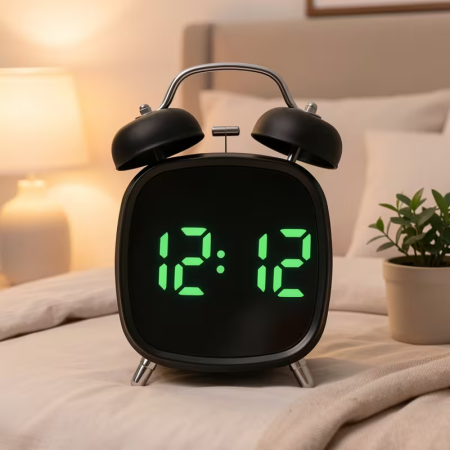 Ceasuri decorative - Ceas Deșteptător Digital cu Două Clopote, Afișaj LED, Alarmă Puternică, Afișare Oră, Dată și Temperatură, Funcționare Silențioasă Fără Ticăit, Carcasă ABS cu Elemente Metalice, Dimensiune 4 Inch