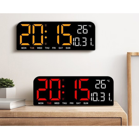 Ceasuri decorative - Ceas Digital LED pentru Masă sau Perete, Afișaj LED Roșu, Calendar, Termometru și Cronometru Integrate, Alarmă cu Funcție Snooze, 2 Moduri de Iluminare, Format Oră 12/24H, Dimensiuni 24 × 9 cm