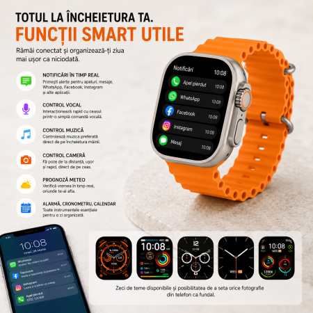 Ceas Inteligent SmartWatch 2.1 inch+ Curea EXTRA, Apel Bluetooth, Incarcator Wireless, metal, Notificari Apel si Retele Sociale, Oximetru, Ritm Cardiac, Termometru, Monitorizare somn, 105 M [5]