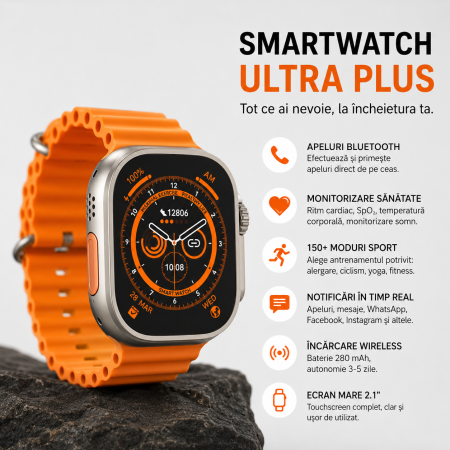 Ceas Inteligent SmartWatch 2.1 inch+ Curea EXTRA, Apel Bluetooth, Incarcator Wireless, metal, Notificari Apel si Retele Sociale, Oximetru, Ritm Cardiac, Termometru, Monitorizare somn, 105 M [4]
