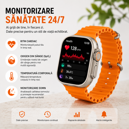 Ceas Inteligent SmartWatch 2.1 inch+ Curea EXTRA, Apel Bluetooth, Incarcator Wireless, metal, Notificari Apel si Retele Sociale, Oximetru, Ritm Cardiac, Termometru, Monitorizare somn, 105 M [1]