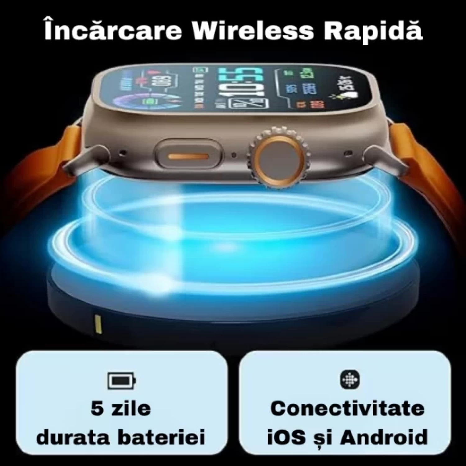 Ceas Inteligent SmartWatch 2.1 inch+ Curea EXTRA, Apel Bluetooth, Incarcator Wireless, metal, Notificari Apel si Retele Sociale, Oximetru, Ritm Cardiac, Termometru, Monitorizare somn, 105 M [15]