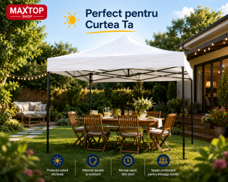 Cort pavilion pliabil,18 kg, 3x3 m, Cadru metal cu panza impermeabila pentru Curte, Gradina, Evenimente, Alb [3]