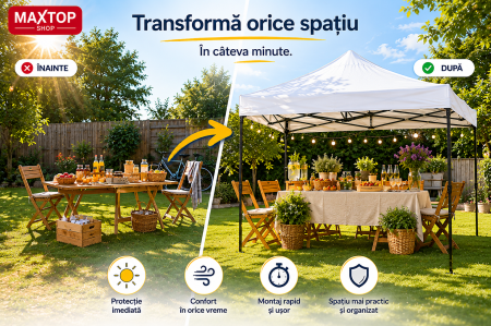 Cort pavilion pliabil,18 kg, 3x3 m, Cadru metal cu panza impermeabila pentru Curte, Gradina, Evenimente, Alb [7]