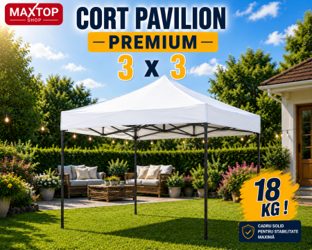 Articole Pentru Gradina - Cort pavilion pliabil,18 kg, 3x3 m, Cadru metal cu panza impermeabila pentru Curte, Gradina, Evenimente, Alb