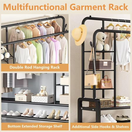 Cuier cu 2 bare reglabile, 2 suporturi pentru pantofi și 5 rafturi, 135 x 50 x 162 cm, cadru din oțel, cu roți, capacitate maximă 58 kg, organizator pentru dormitor și hol, negru [3]