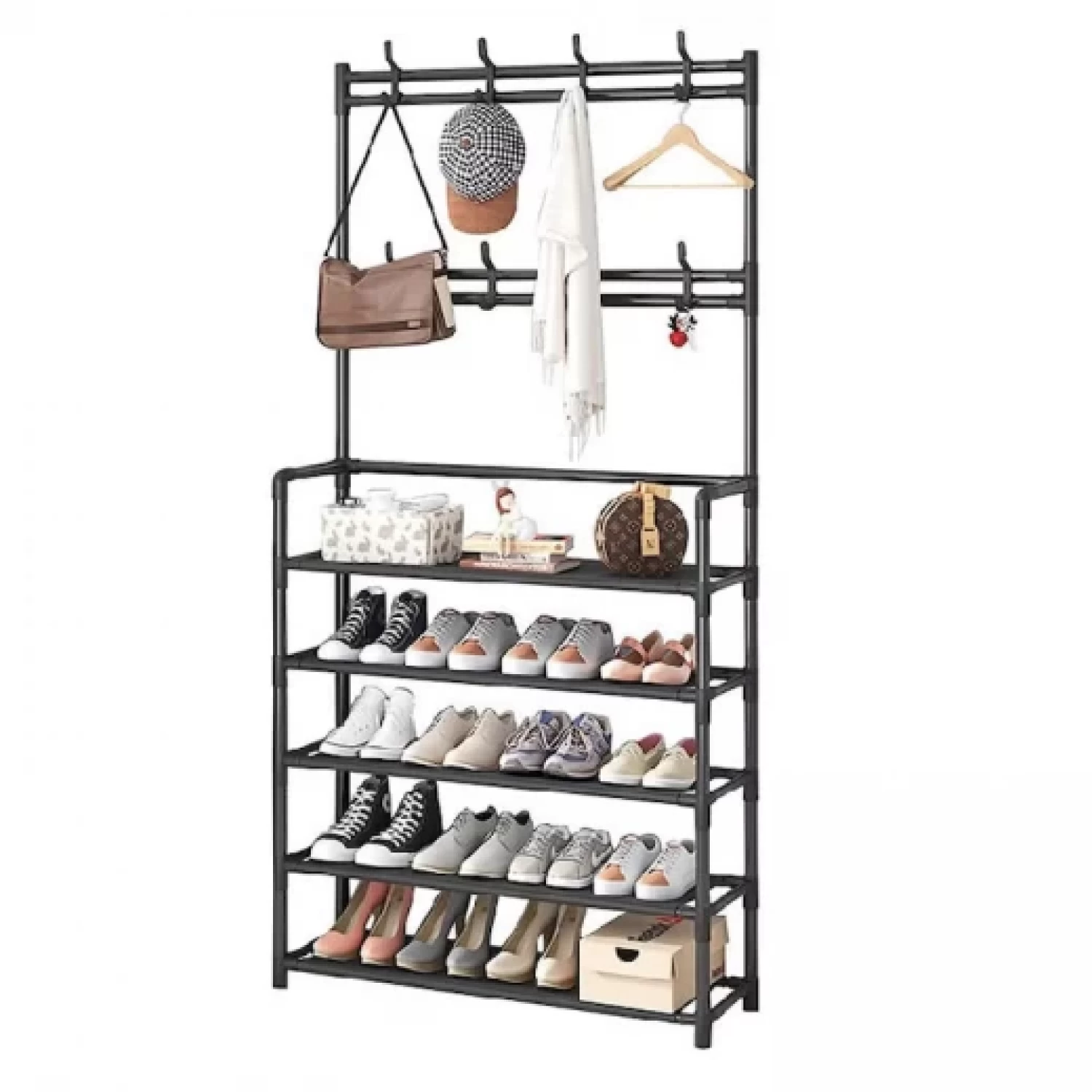 Rafturi, Organizatoare si Suporturi - Cuier Metalic cu 5 Rafturi și 8 Cârlige, Organizator Multifuncțional pentru Haine, Pantofi și Genți, Design Modern, 168 cm, negru