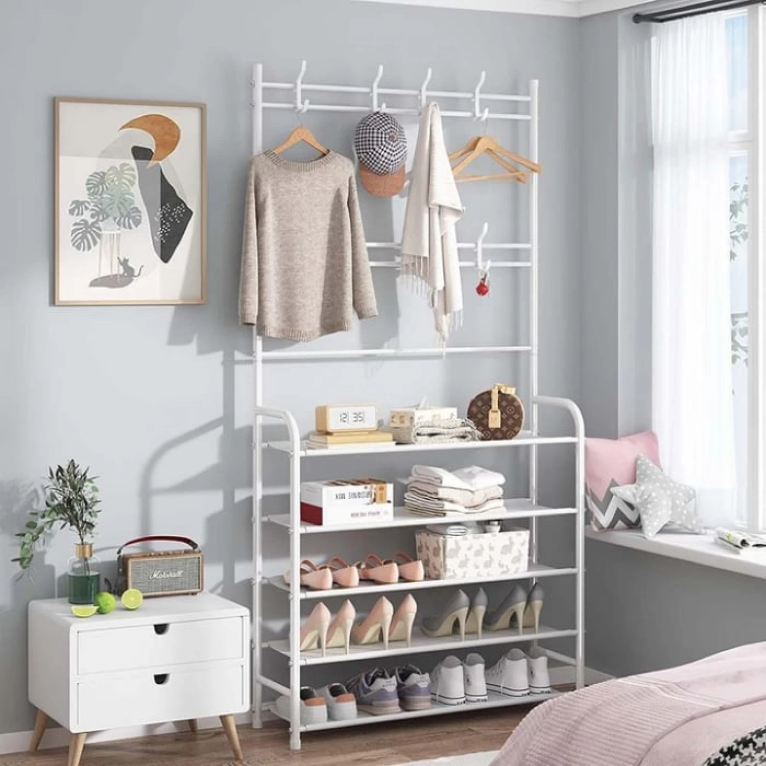 Cuier Metalic cu 5 Rafturi și 8 Cârlige, Organizator Multifuncțional pentru Haine, Pantofi și Genți, Design Modern, 168 cm, negru [6]