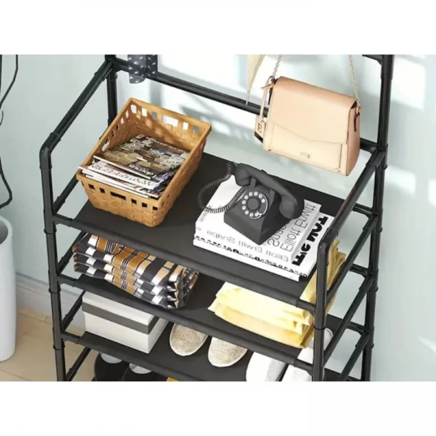 Cuier Metalic cu 5 Rafturi și 8 Cârlige, Organizator Multifuncțional pentru Haine, Pantofi și Genți, Design Modern, 168 cm, negru [3]