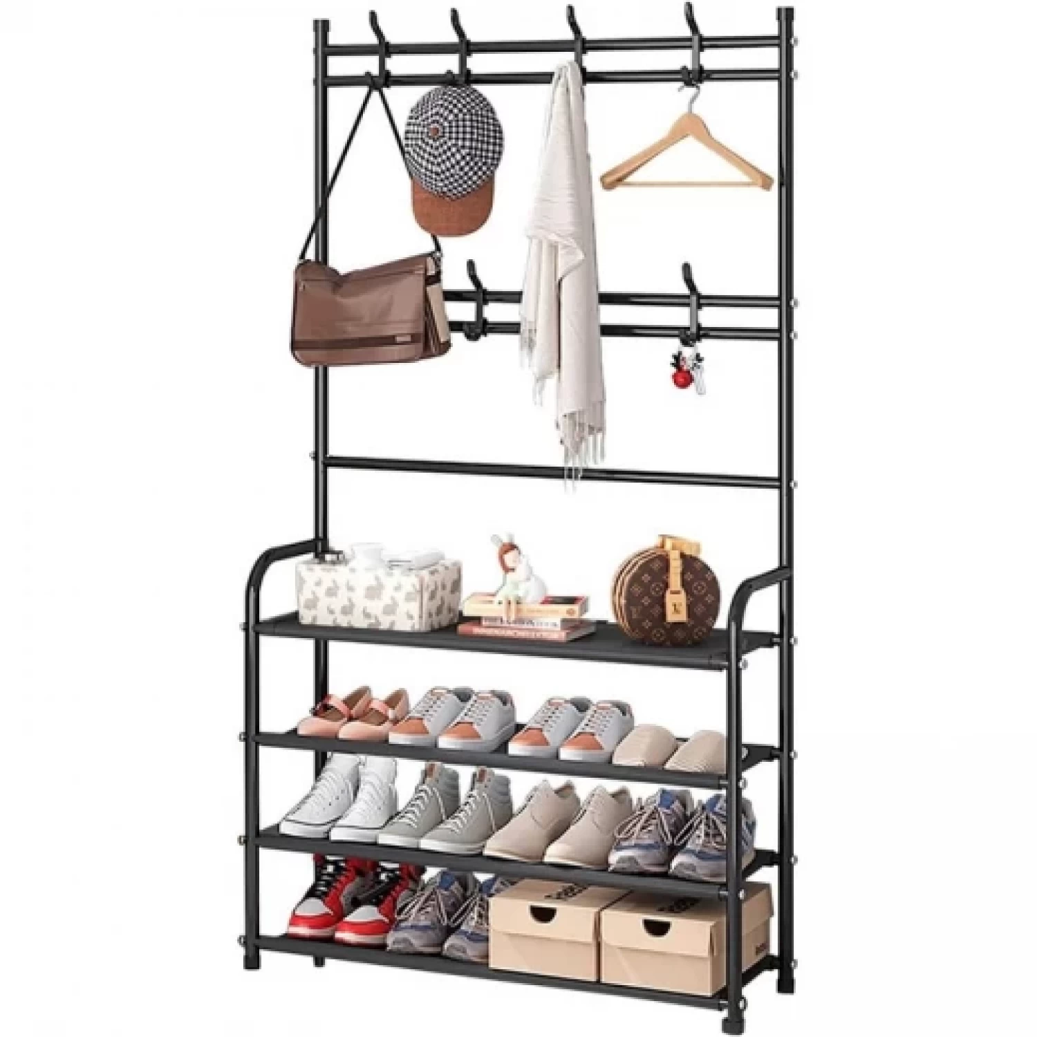 Cuier Metalic cu 5 Rafturi și 8 Cârlige, Organizator Multifuncțional pentru Haine, Pantofi și Genți, Design Modern, 168 cm, negru [4]