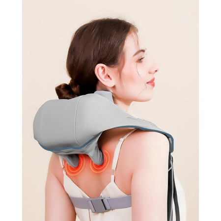 Produse medicale - Dispozitiv masaj umeri și gât 26W, 6 capete cu funcție încălzire, 3 moduri de masaj, autonomie 180 min, încărcare USB-C, gri