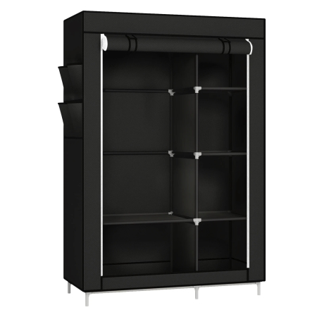 Dulap pentru haine tip sifonier, 105 x 45 x 170 cm, cadru metalic, husă antipraf  cu fermoar, bară pentru umerașe, 6 rafturi de depozitare, montaj fără scule, negru [1]